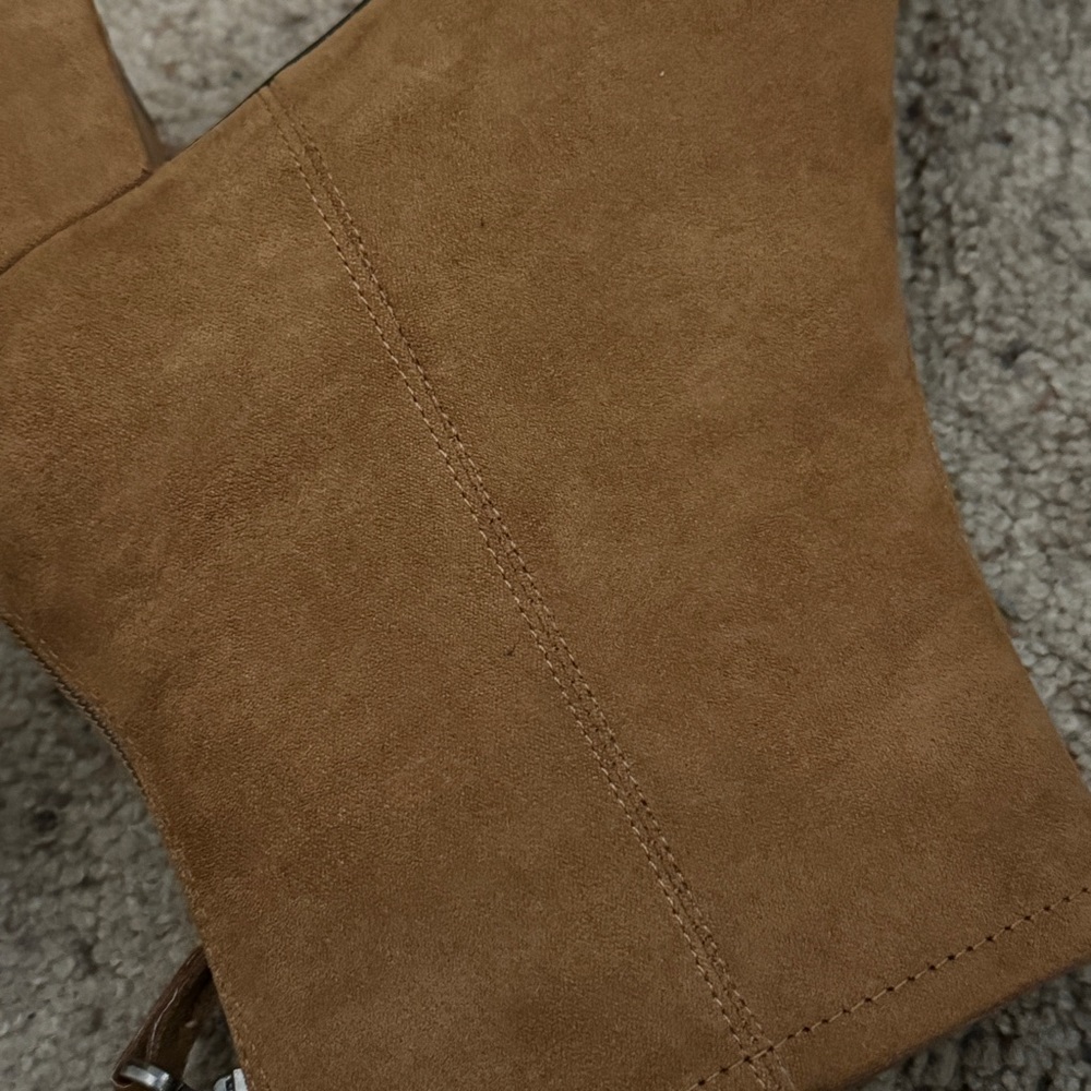 Lulus Square Toed Block Heel Camel Color Suede Ankle Boots - Picture 13 of 16